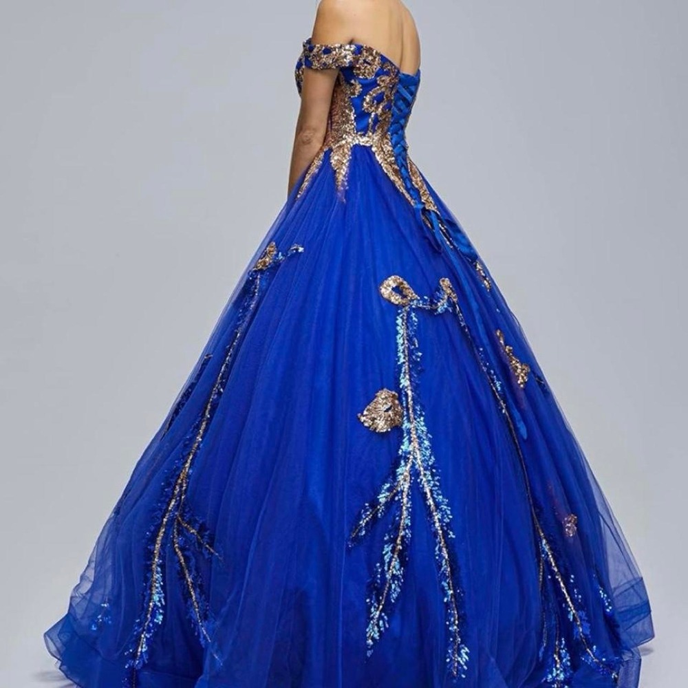 Royal Blue Gold Beaded Tulle Quinceanera Dress Ball Gown Sweetheart Size 4